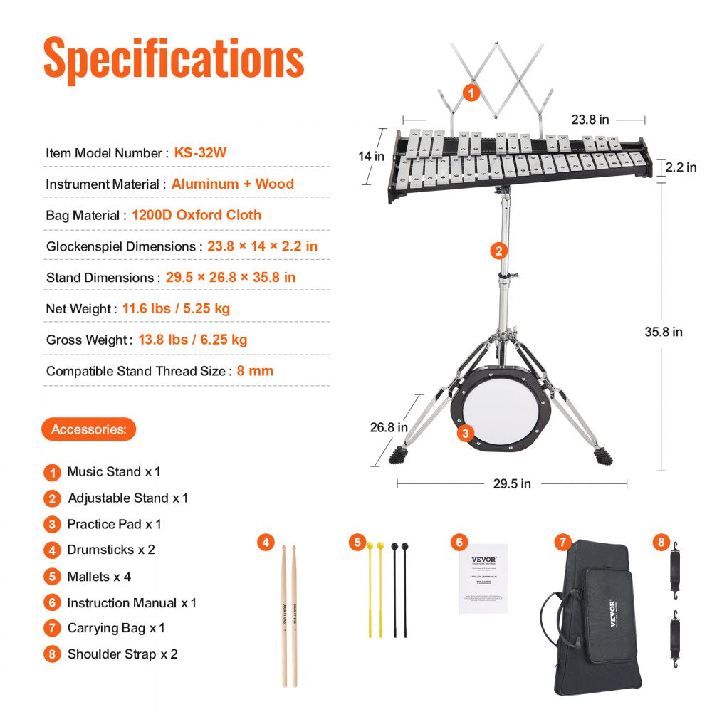 KS-32W - 32-Note Glockenspiel Kit with Sturdy Stand & Accessories
