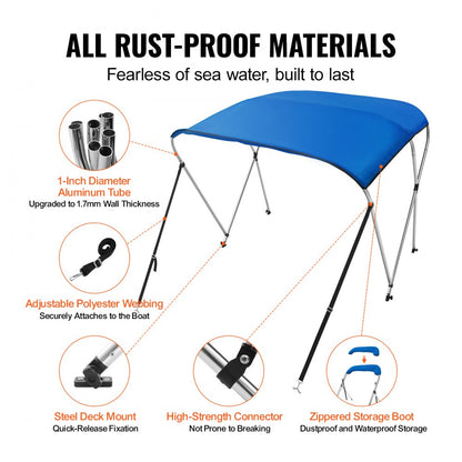 3 Bow 6'L × 46" H × 54" - 60" W - Durable Bimini Top for Shade & Support