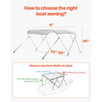 3 Bow - 6'L Aluminum Awning Canopy for Boats with Quick-Release Straps