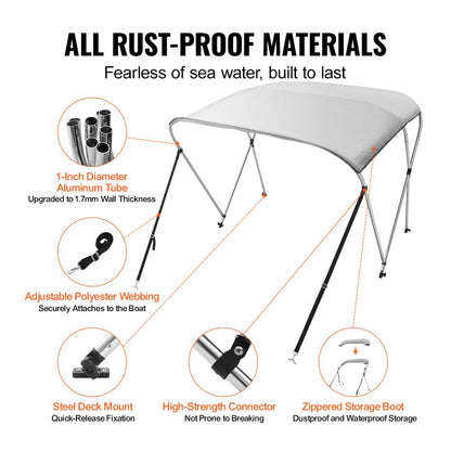 3 Bow 6'L × 46" H × 54" - 60" W - Durable 900D Nylon Boat Canopy with Aluminum Frame