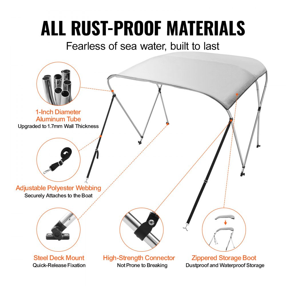 3 Bow 6'L × 46" H × 61" - 66" W - Durable 900D Polyester Bimini Top