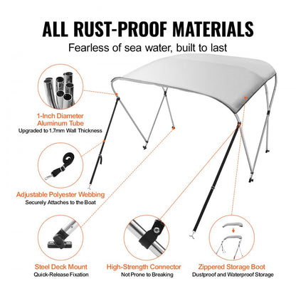 3 Bow 6'L × 46" H × 61" - 66" W - Durable 900D Polyester Bimini Top