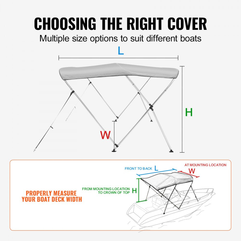 3 Bow 6'L × 46" H × 61" - 66" W - Durable 900D Polyester Bimini Top