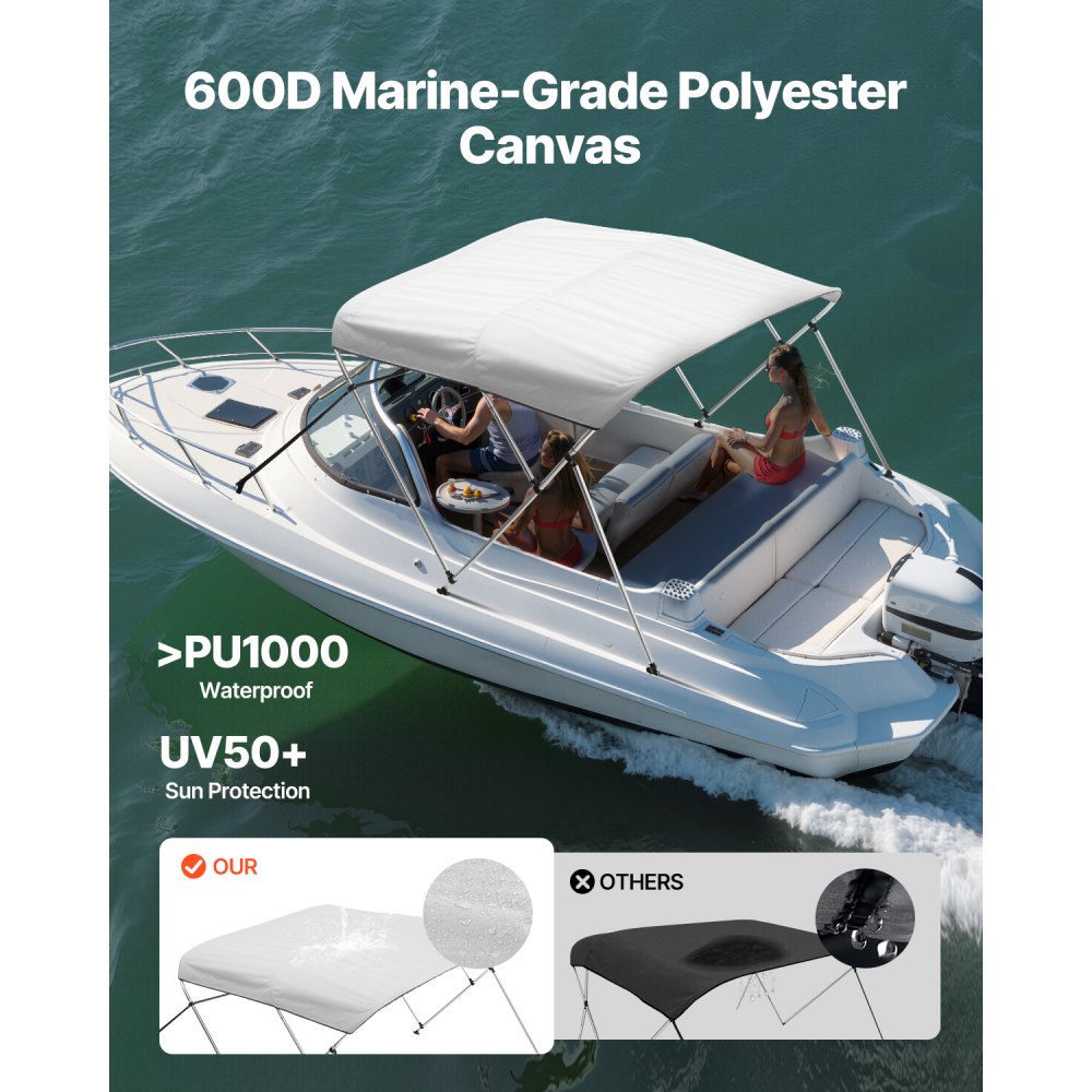 3 Bow 6'L×46"H×61"-66"W - Durable Bimini Top with UV Protection & Quick Setup