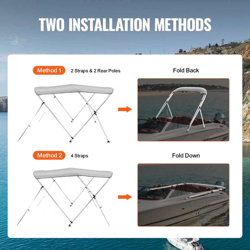 3 Bow 6'L × 46" H × 67" - 72" W - Durable Waterproof Bimini Top for Boats