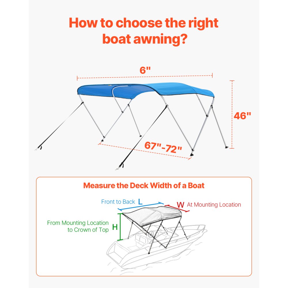 3 Bow 6'L×46"H×67"-72"W - Durable Polyester Boat Bimini Top with Storage Bag