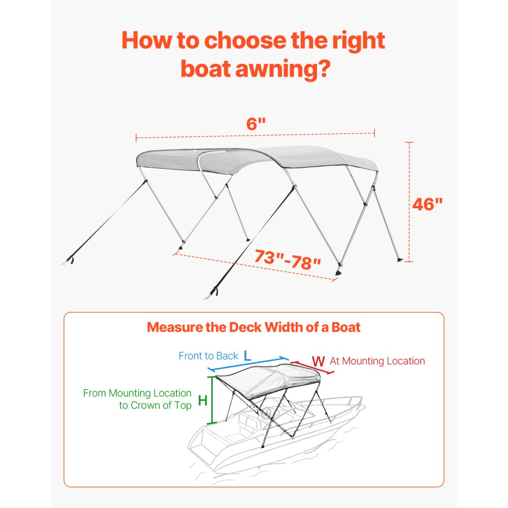 3 Bow 6'L×46"H ×73"-78"W - Durable Polyester Bimini Top for Boats
