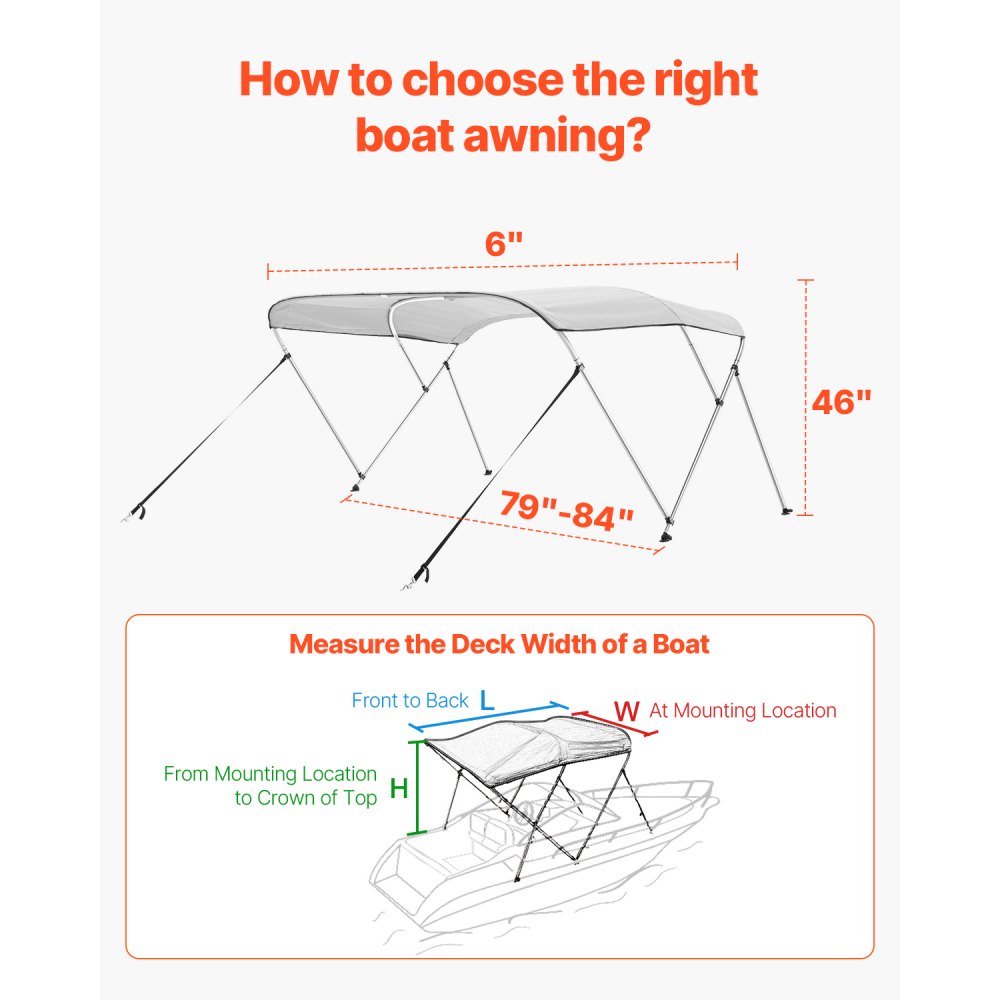 3 Bow 6'L×46"H ×79"-84"W - Durable Light Grey Bimini Top with Quick-Release Setup