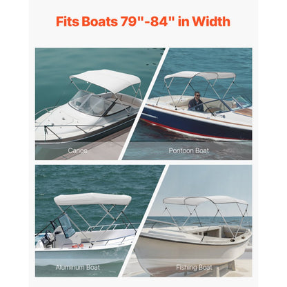 3 Bow 6'L×46"H ×79"-84"W - Durable Light Grey Bimini Top with Quick-Release Setup