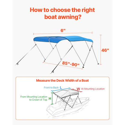3 Bow - 600D Polyester Boat Bimini Top 72"Lx(85"-90")W x 46"H