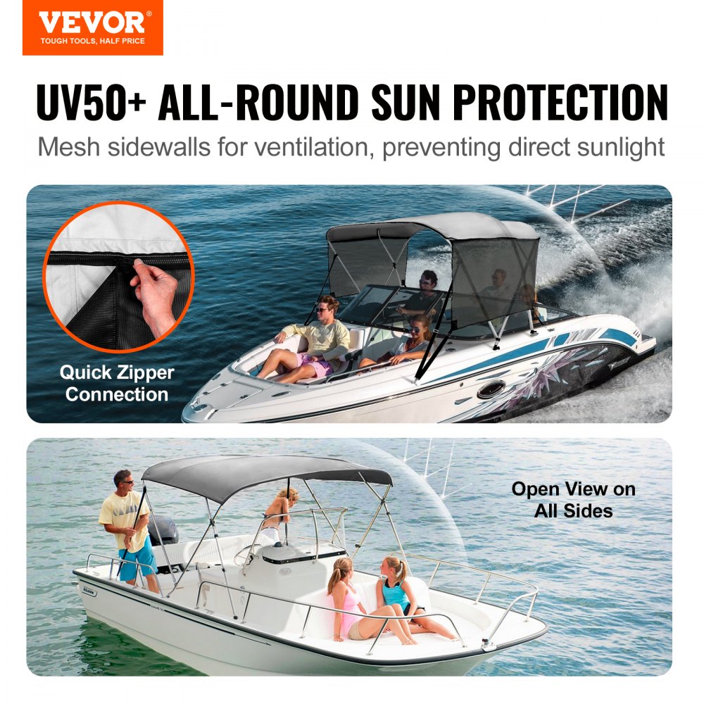 3 Bow 6'L × 46"H × 67" - 72"W - Durable Bimini Top with Mesh Sidewalls