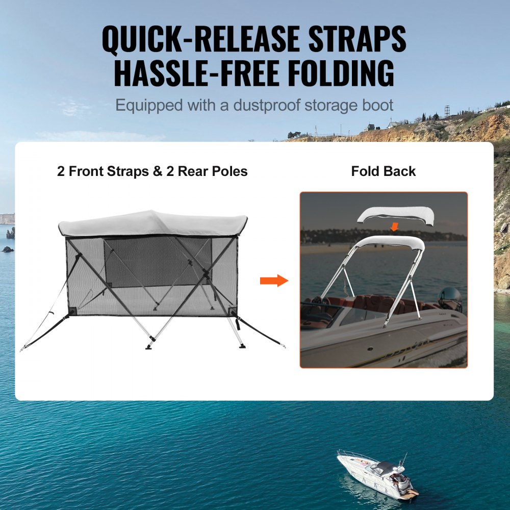 3 Bow 6'L × 46"H × 67" - 72"W - Durable Bimini Top with Mesh Sidewalls