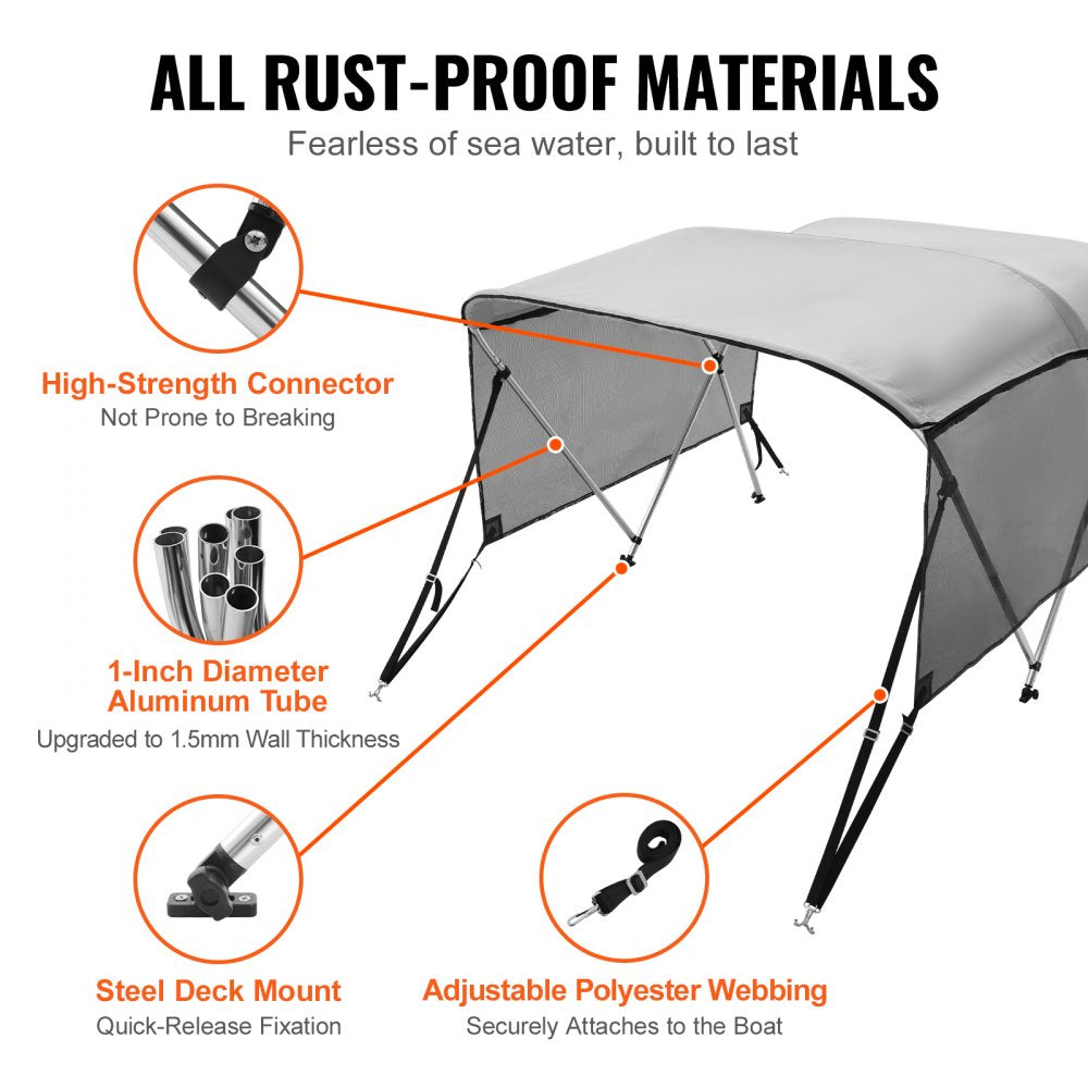 3 Bow 6'L × 46"H × 67" - 72"W - Durable Bimini Top with Mesh Sidewalls