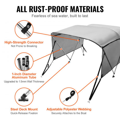 3 Bow 6'L × 46"H × 67" - 72"W - Durable Bimini Top with Mesh Sidewalls