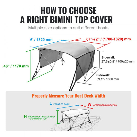 3 Bow 6'L × 46"H × 67" - 72"W - Durable Bimini Top with Mesh Sidewalls