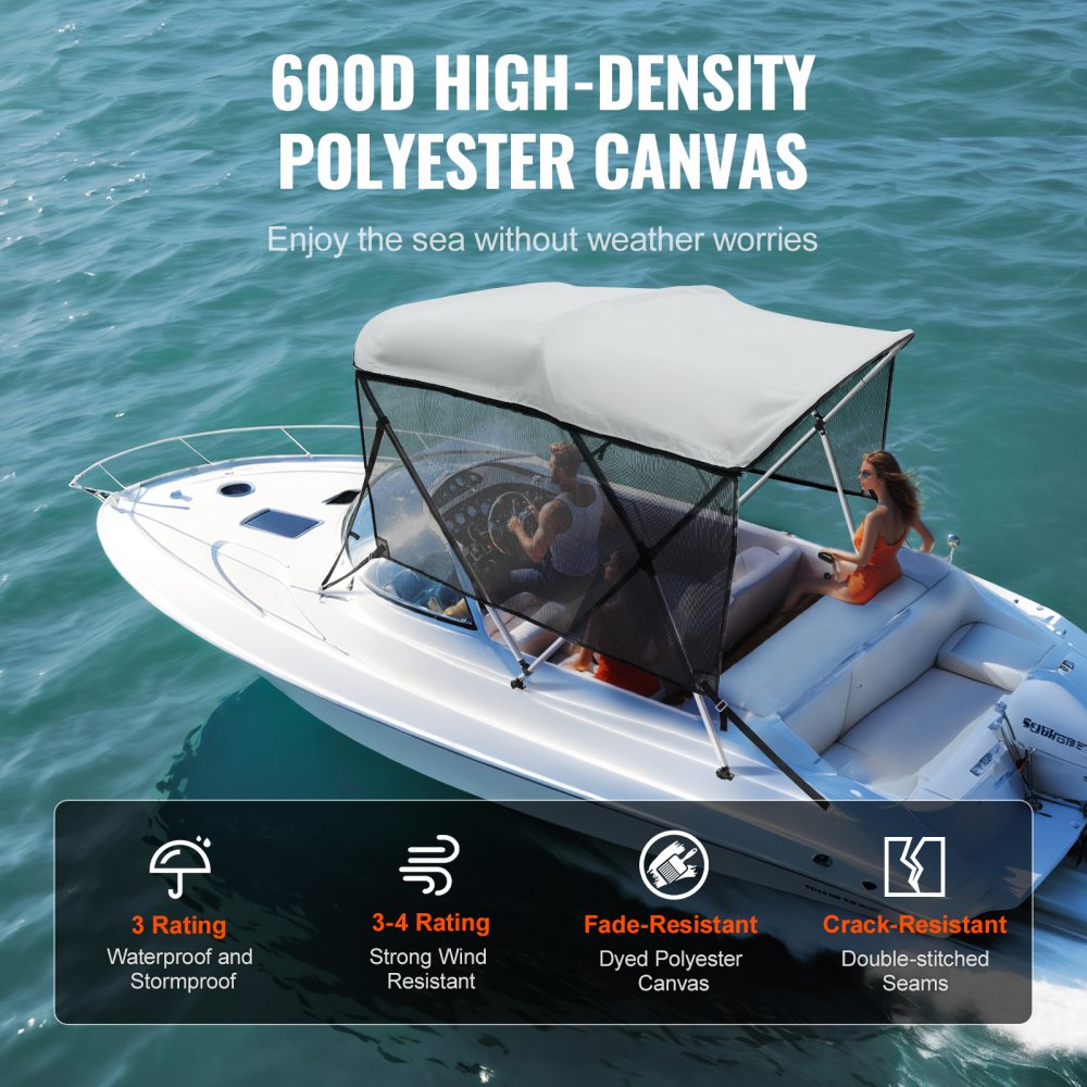 3 Bow 6'L × 46"H × 61" - 66"W - Durable 600D Polyester Bimini Top with Detachable Mesh Sidewalls