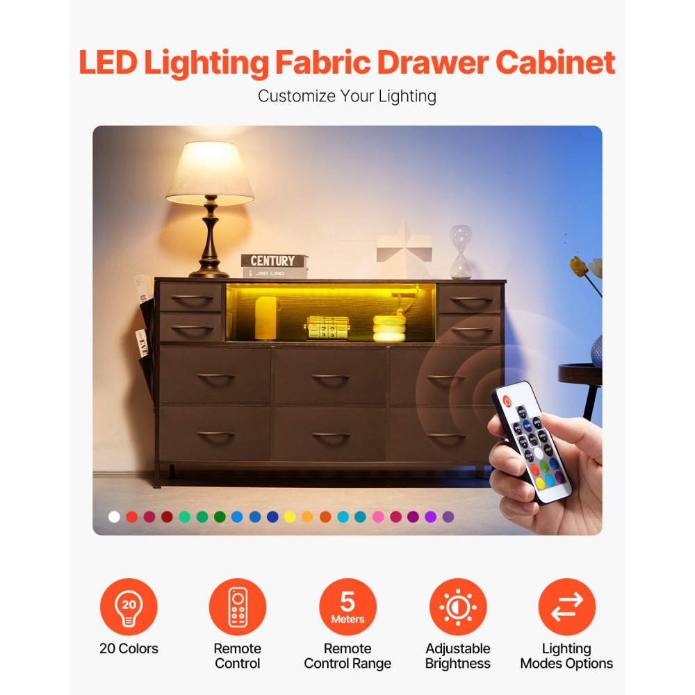 ZWE-BC-SS-07 - LED-Illuminated Fabric Dresser with Remote Control & Charging Drawers