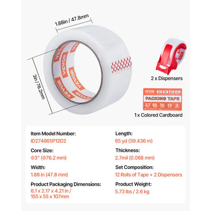 ID274865P12D2 - Heavy Duty Clear Packing Tape: 1.88in x 65yd, 12 Rolls