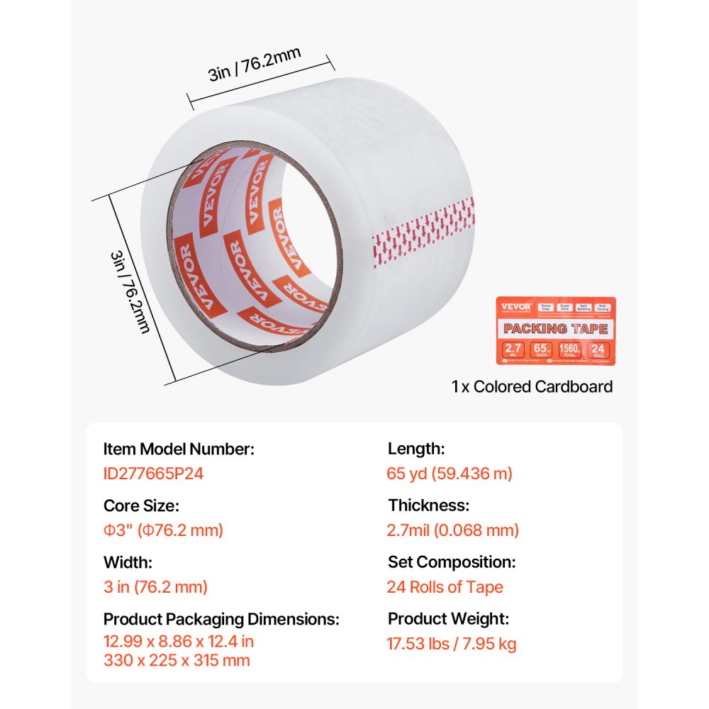 ID277665P24 - 24 Rolls of 65yd Clear Packing Tape, 3in, 2.7mil