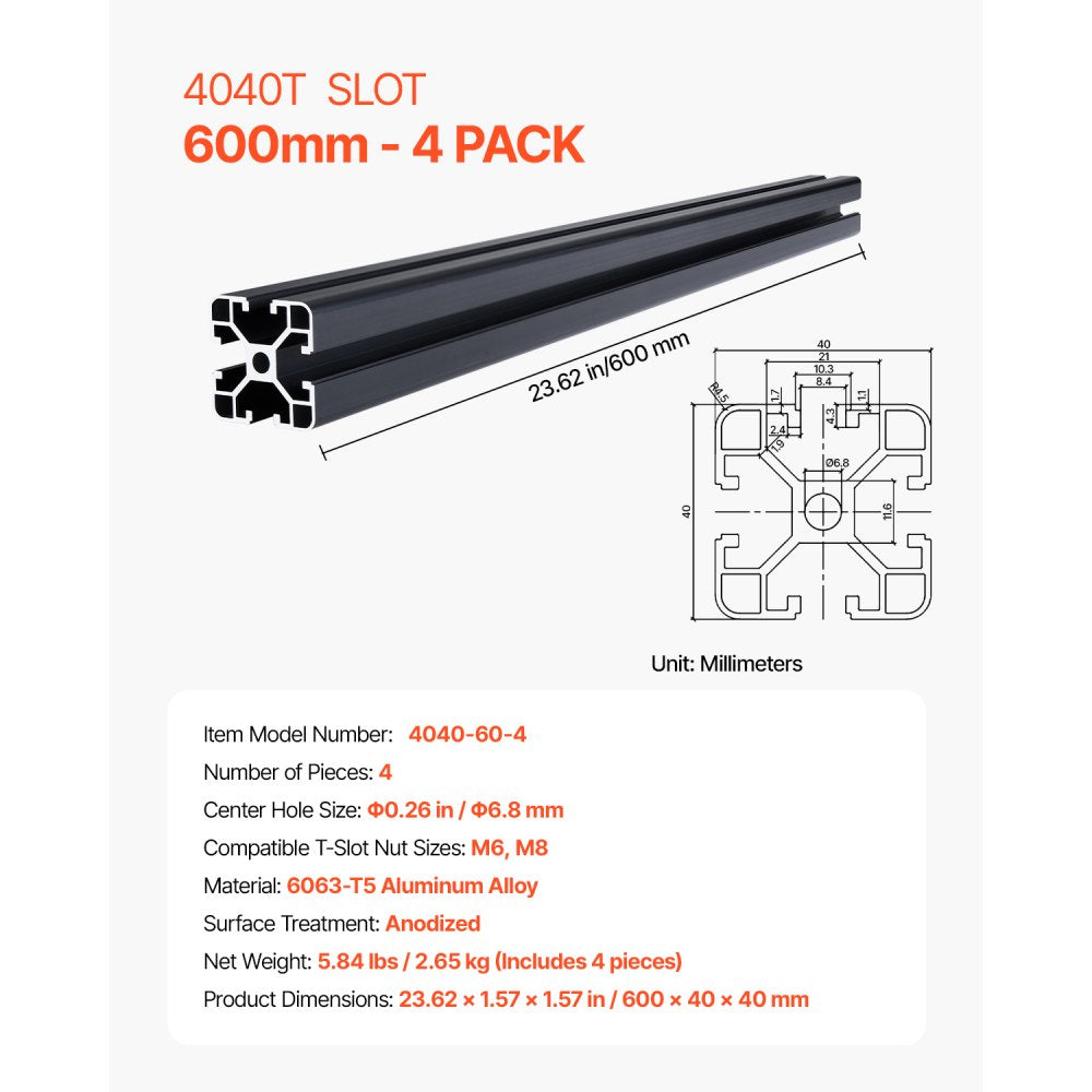 4040-60-4 - Durable 23.6" Anodized Aluminum T-Slot Linear Rail, 4pcs Set