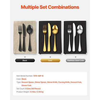 1010-48P-B - 48-Piece Elegant Stainless Steel Flatware Set for Dining