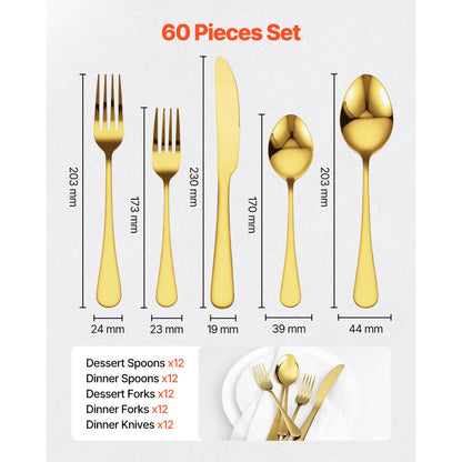 1010-60P-G - Elegant 60-Piece Stainless Steel Cutlery Set for 12