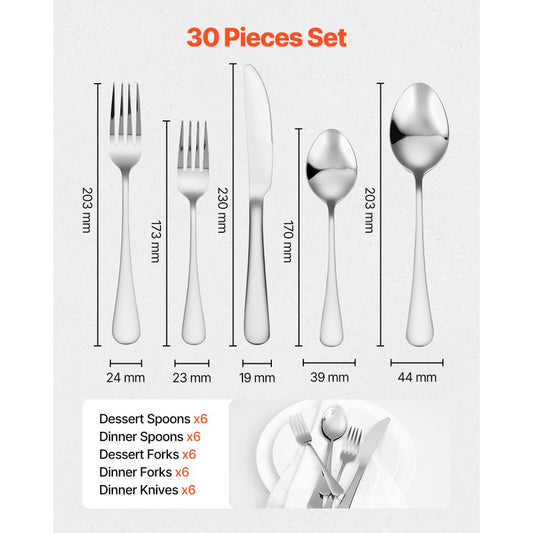 1010-30P-S - Elegant 30-Piece Stainless Steel Cutlery Set for 6