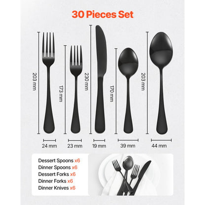 1010-30P-B - Elegant 30-Piece Stainless Steel Flatware Set for 6