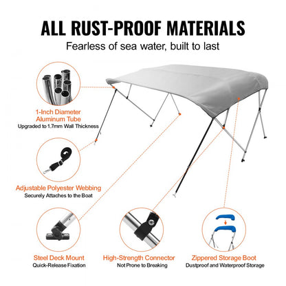 4 Bow 8'L × 54" H × 91" - 96" W - Durable 900D Polyester Bimini Top