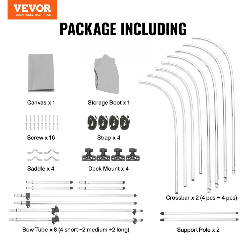 4 Bow 8'L × 54" H × 91" - 96" W - Durable 900D Polyester Bimini Top