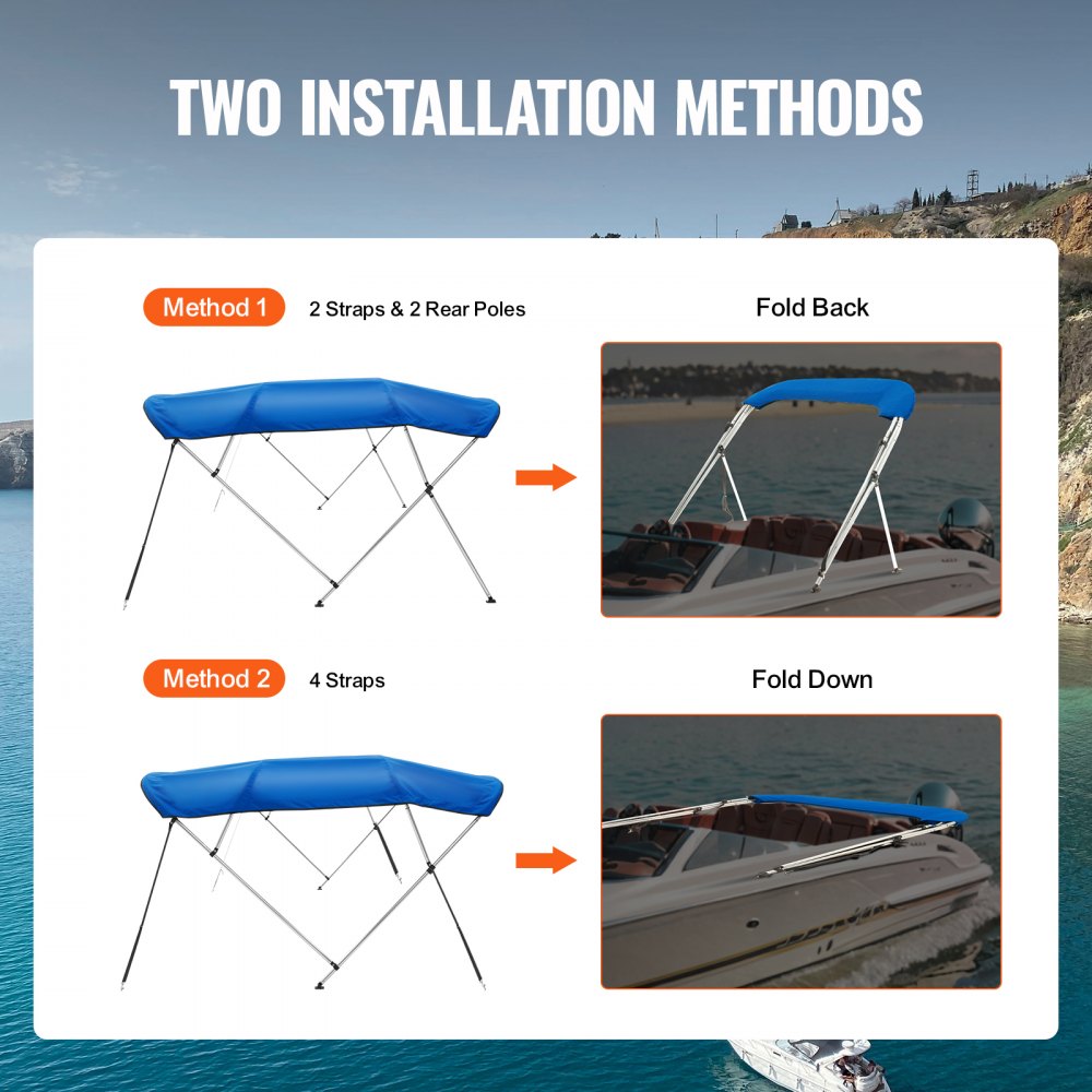 4 Bow 8'L × 54" H × 91" - 96" W - Durable 900D Boat Bimini Top, Blue