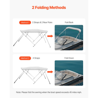 4 Bow 8'L×54"H ×67"-72"W - Durable 600D Polyester Boat Bimini Top with Storage Bag