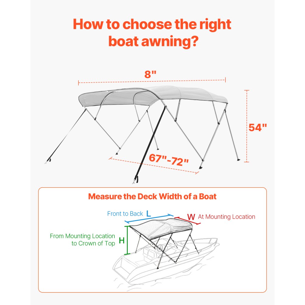 4 Bow 8'L×54"H ×67"-72"W - Durable 600D Polyester Boat Bimini Top with Storage Bag