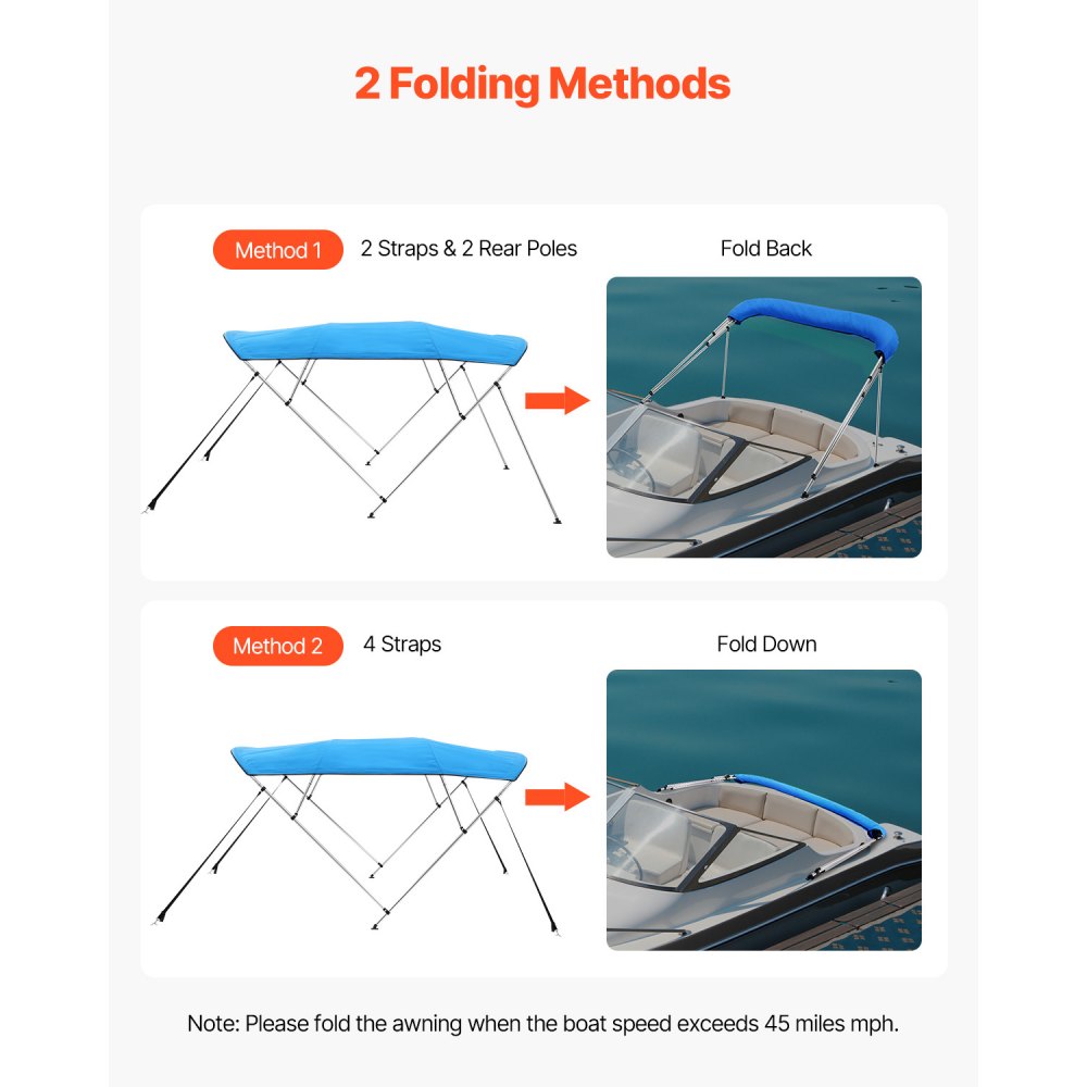 4 Bow 8'L×54"H ×67"-72"W - Durable Bimini Top with Quick Release Setup