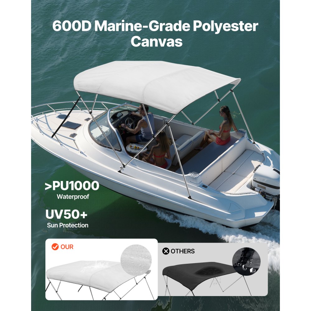4 Bow - 96"L Boat Bimini Top, Durable Light Grey Canopy with Storage Bag