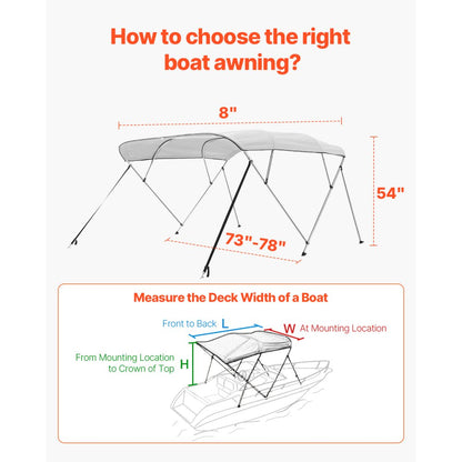 4 Bow - 96"L Boat Bimini Top, Durable Light Grey Canopy with Storage Bag