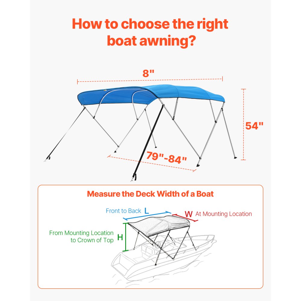4 Bow 8'L×54"H ×79"-84"W - Durable 600D Bimini Top for Boats