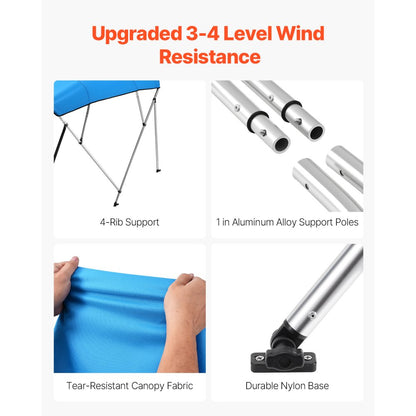 4 Bow - 8'L x 54"H Boat Bimini Top with Quick-Release Straps