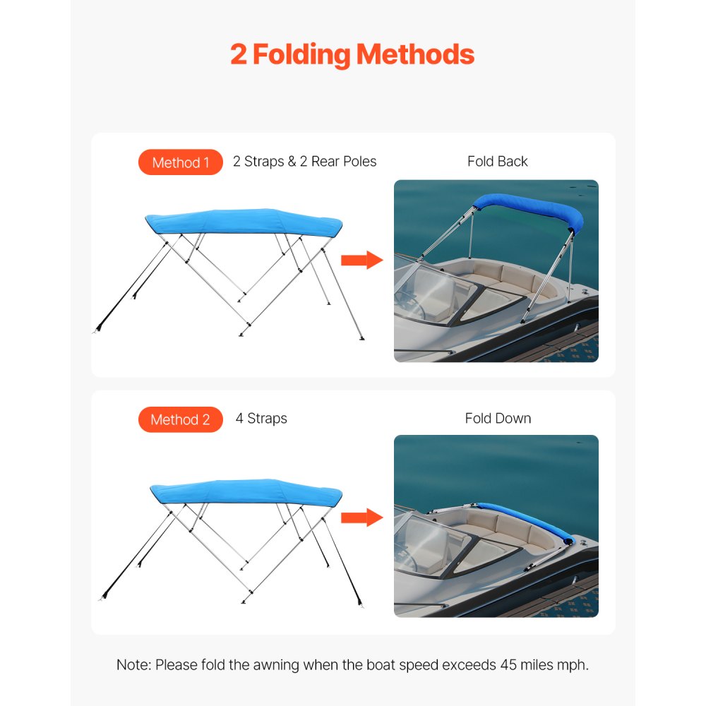 4 Bow - 8'L x 54"H Boat Bimini Top with Quick-Release Straps
