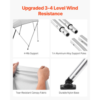 4 Bow - 96"L Bimini Top Awning Canopy, 54"H, Fade-Resistant Design