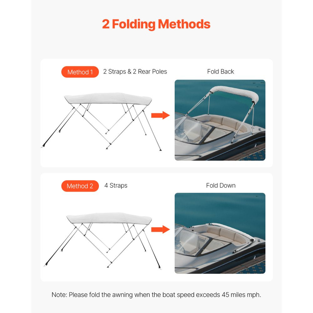 4 Bow - 96"L Bimini Top Awning Canopy, 54"H, Fade-Resistant Design