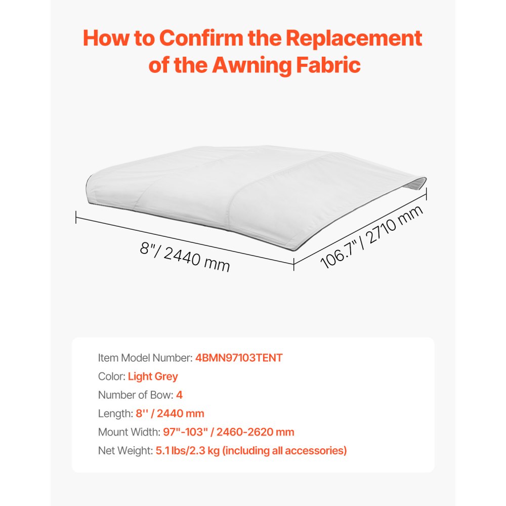 4BMN97103TENT - Durable 96"L Boat Bimini Awning Top in Light Grey