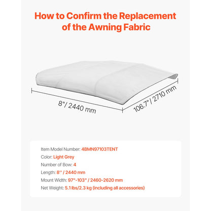 4BMN97103TENT - Durable 96"L Boat Bimini Awning Top in Light Grey
