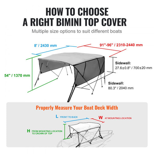 SKU: 4 Bow 8'L × 54"H × 91" - 96"W - Durable Light Gray Bimini Top for Boats