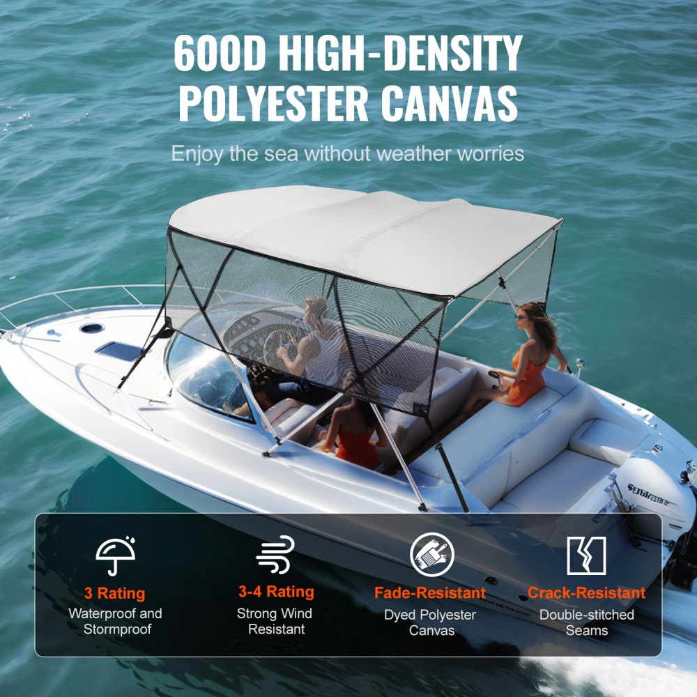 4 Bow 8'L × 54"H × 79" - 84"W - VEVOR UV50+ Bimini Top, Light Grey Shade