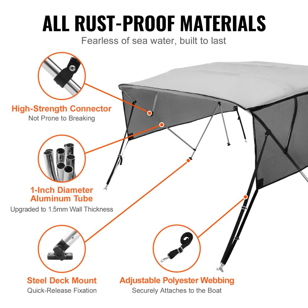4 Bow 8'L × 54"H × 79" - 84"W - VEVOR UV50+ Bimini Top, Light Grey Shade