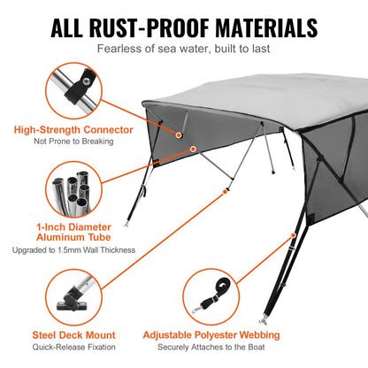 4 Bow 8'L × 54"H × 79" - 84"W - VEVOR UV50+ Bimini Top, Light Grey Shade