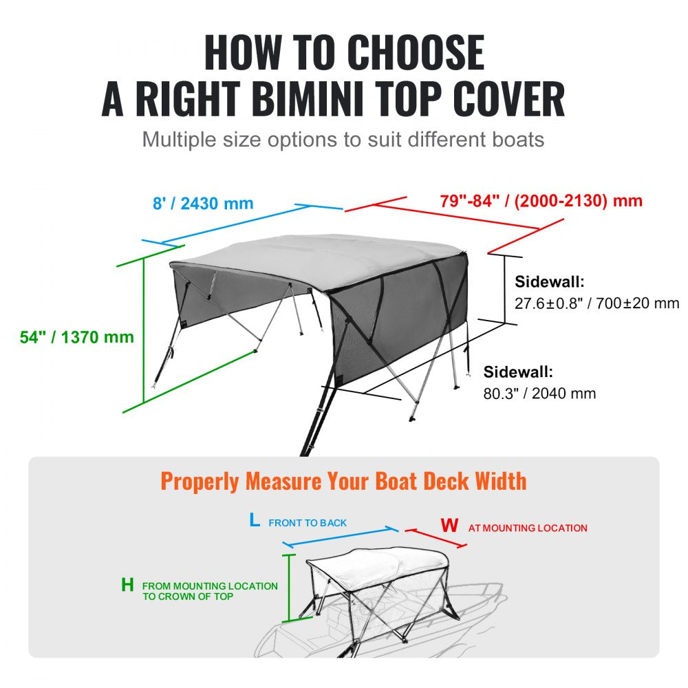 4 Bow 8'L × 54"H × 79" - 84"W - VEVOR UV50+ Bimini Top, Light Grey Shade