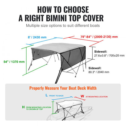4 Bow 8'L × 54"H × 79" - 84"W - VEVOR UV50+ Bimini Top, Light Grey Shade