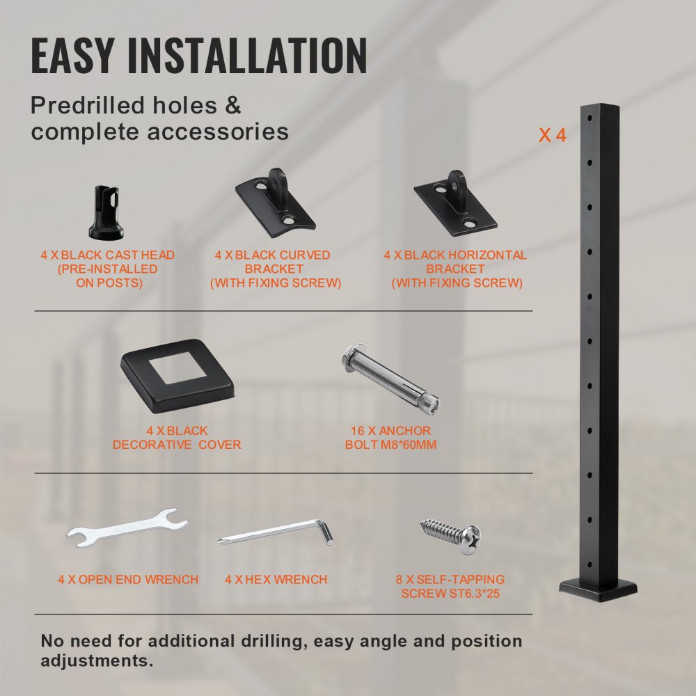 HR-002 - 36" Black Stainless Steel Cable Railing Post for Indoor/Outdoor Use